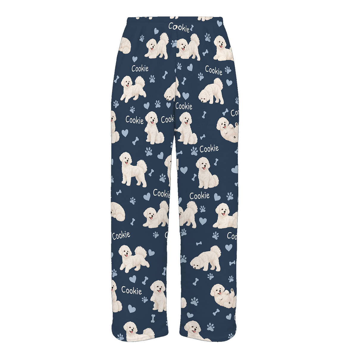 Personalized Bichon Frise Pajama Pants, Custom Pet Name Fleece Trousers, Dog Lover Gift — 05 Deep Navy — full-trouser view