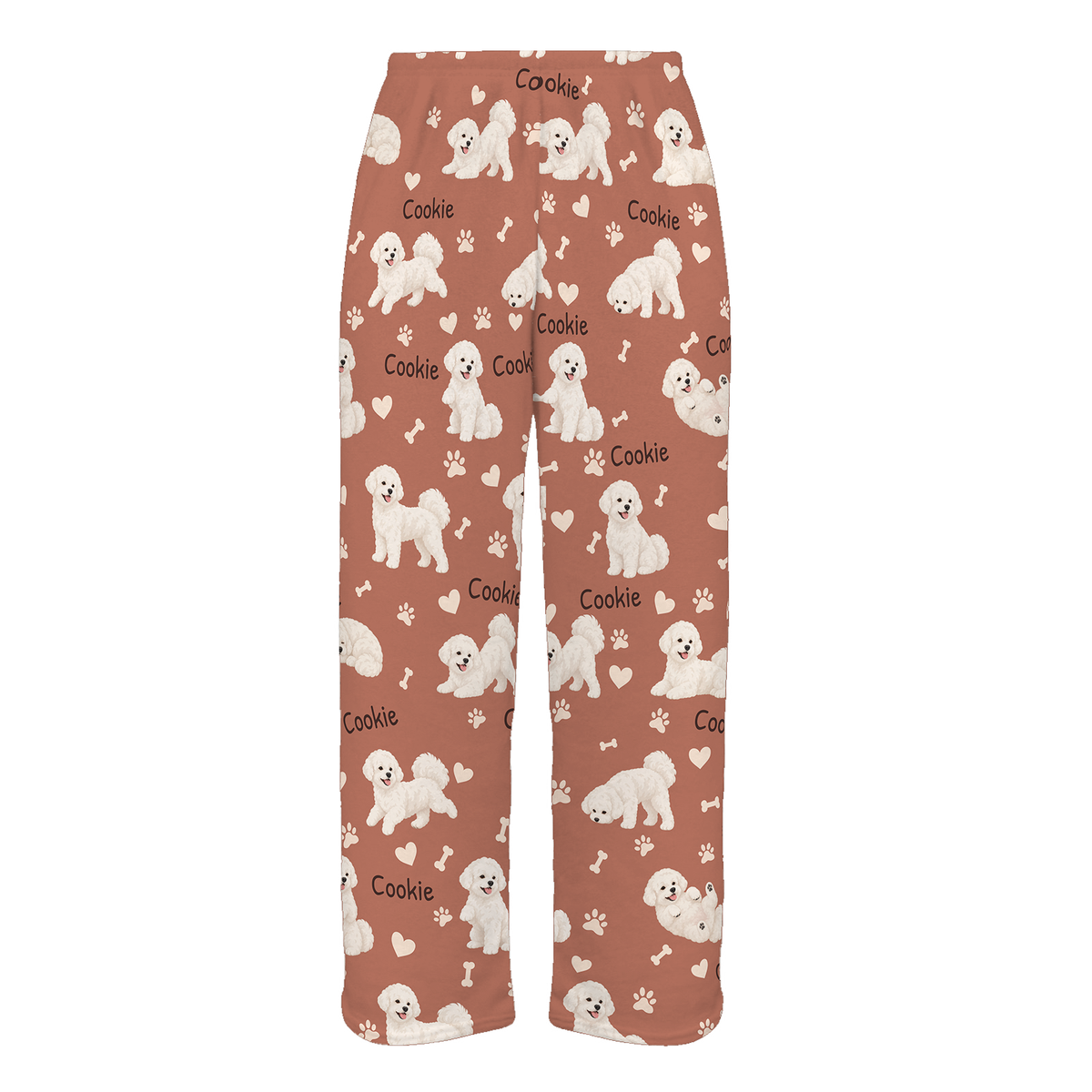 Personalized Bichon Frise Pajama Pants, Custom Pet Name Fleece Trousers, Dog Lover Gift — 06 Muted Terracotta — full-trouser view