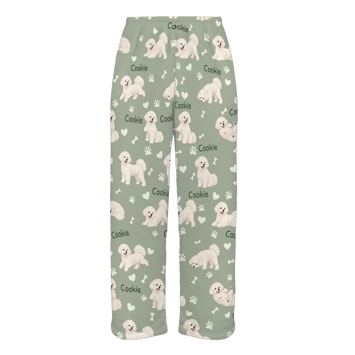 Personalized Bichon Frise Pajama Pants, Custom Pet Name Fleece Trousers, Dog Lover Gift — As shown — full-trouser view
