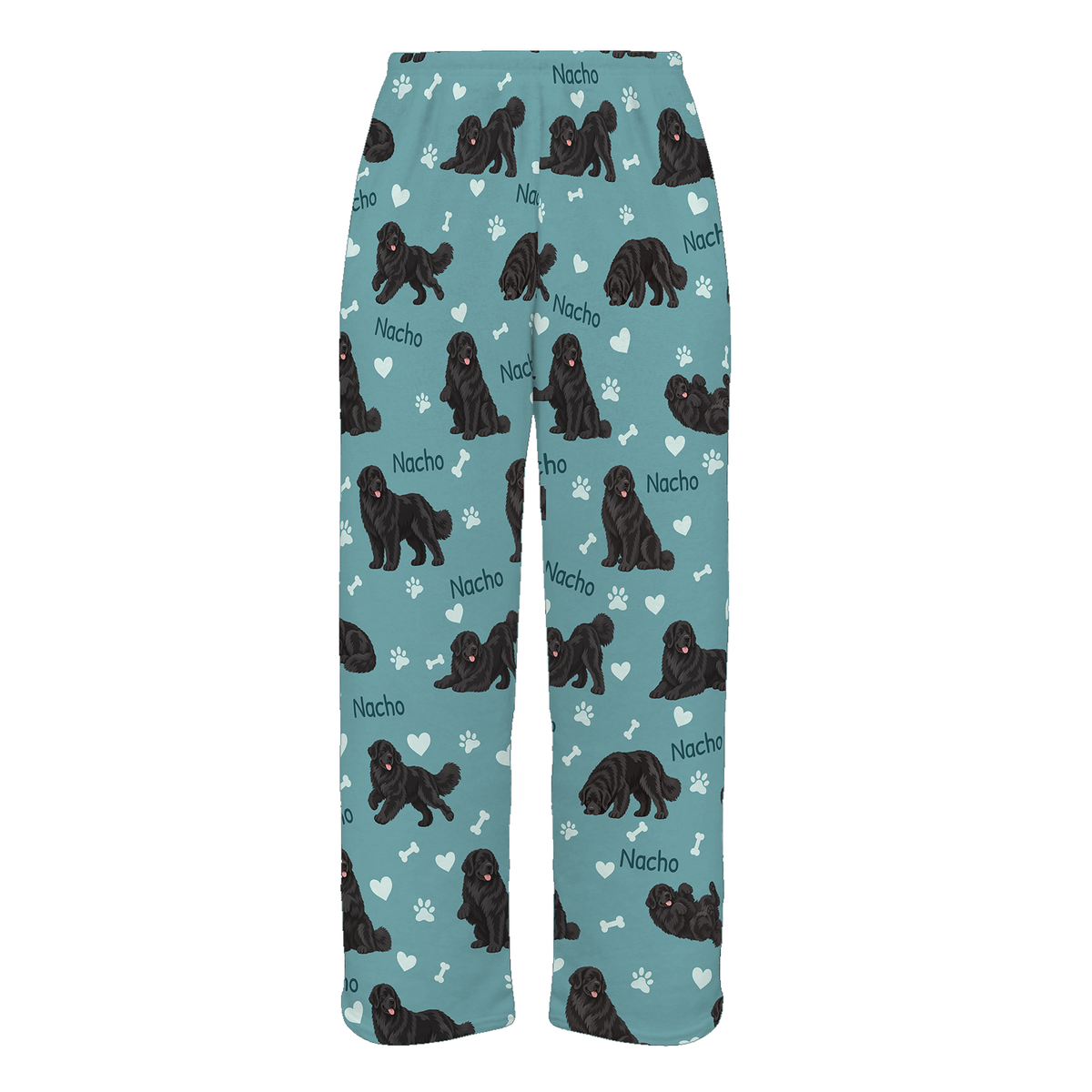 Personalized Newfoundland Pajama Pants, Custom Pet Name Fleece Trousers, Dog Lover Gift — 01 Muted Teal — full-trouser view