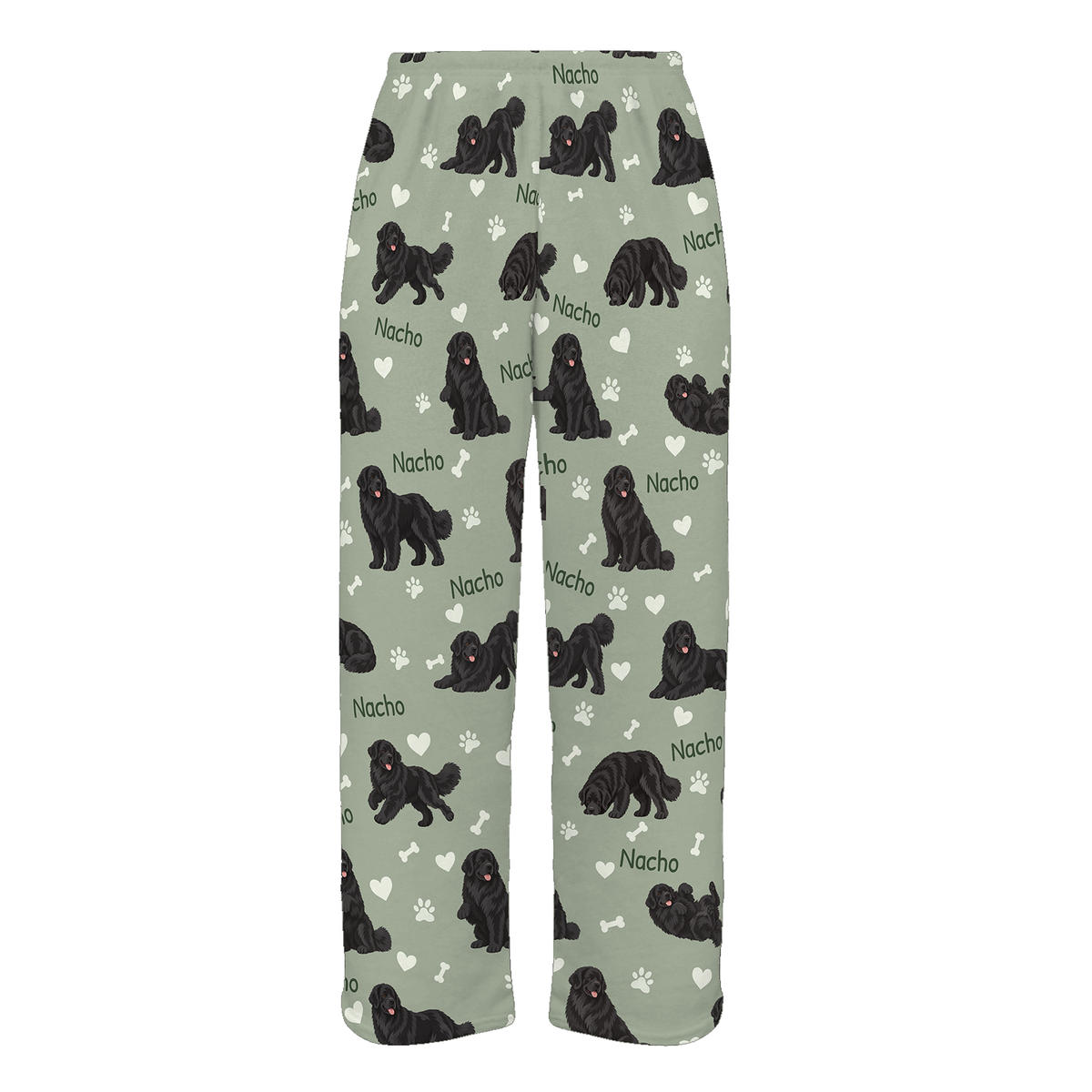Personalized Newfoundland Pajama Pants, Custom Pet Name Fleece Trousers, Dog Lover Gift — 03 Soft Sage — full-trouser view