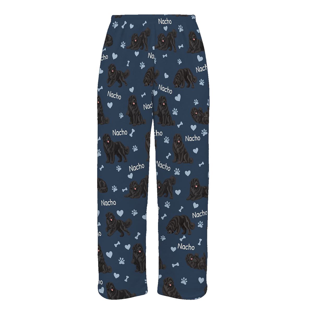 Personalized Newfoundland Pajama Pants, Custom Pet Name Fleece Trousers, Dog Lover Gift — 05 Deep Navy — full-trouser view