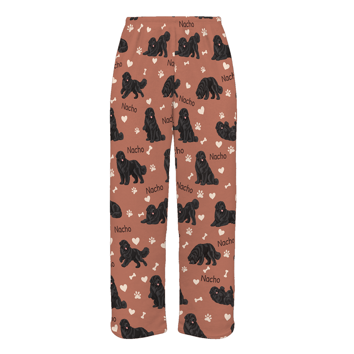 Personalized Newfoundland Pajama Pants, Custom Pet Name Fleece Trousers, Dog Lover Gift — 06 Muted Terracotta — full-trouser view