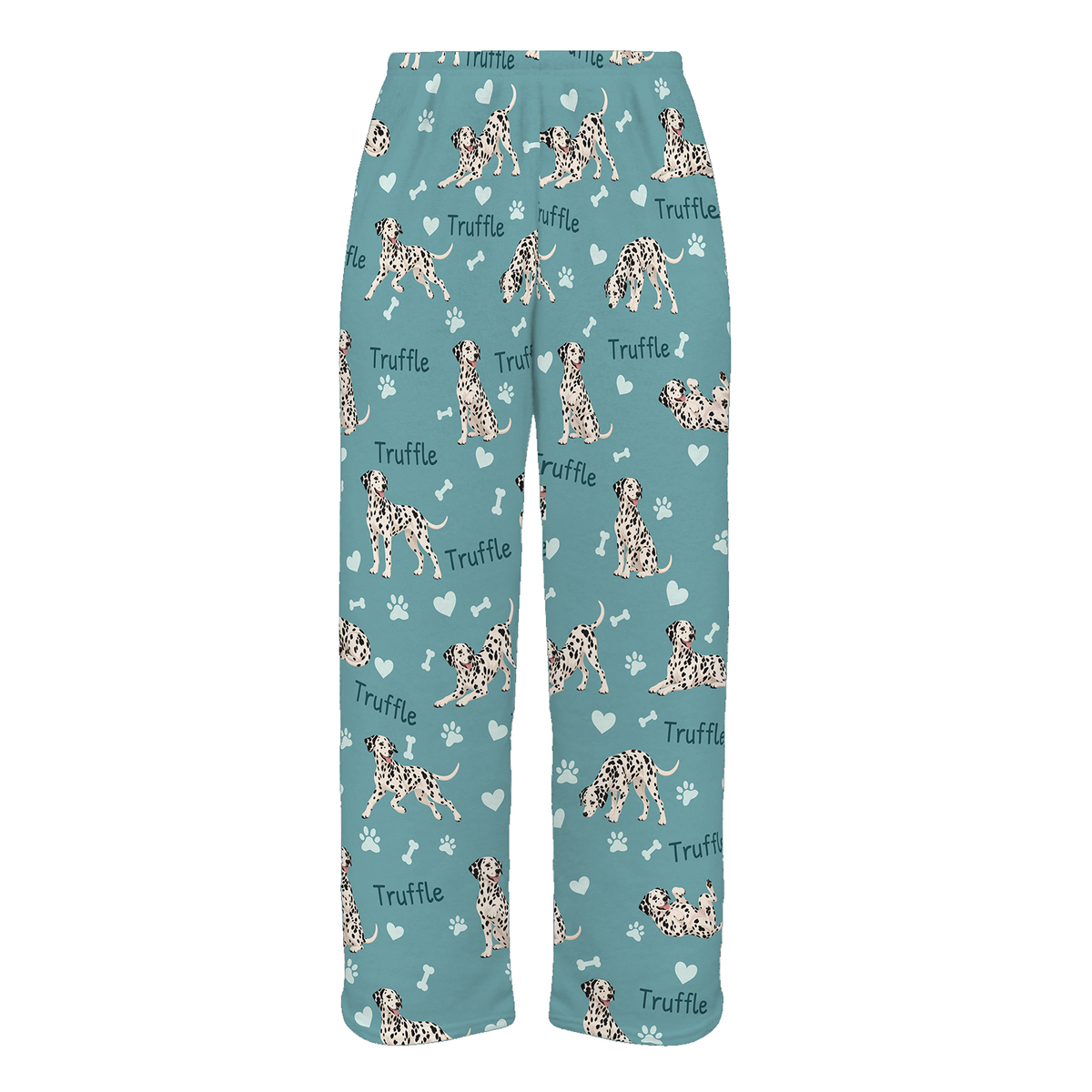Personalized Dalmatian Pajama Pants, Custom Pet Name Fleece Trousers, Dog Lover Gift — 01 Muted Teal — full-trouser view