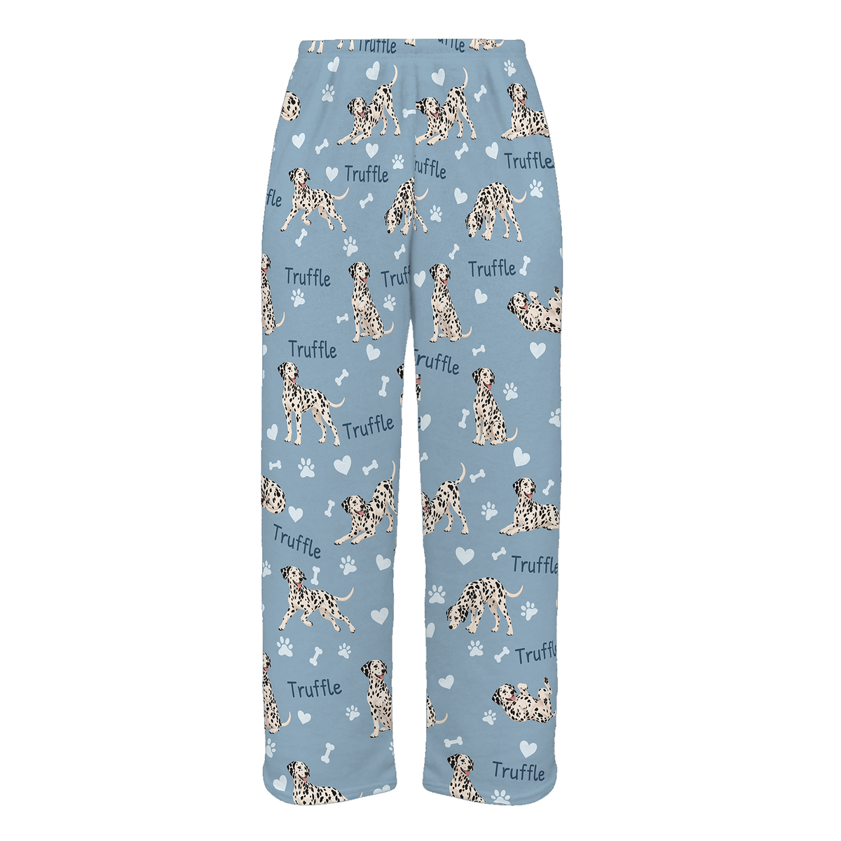 Personalized Dalmatian Pajama Pants, Custom Pet Name Fleece Trousers, Dog Lover Gift — 02 Dusty Blue — full-trouser view