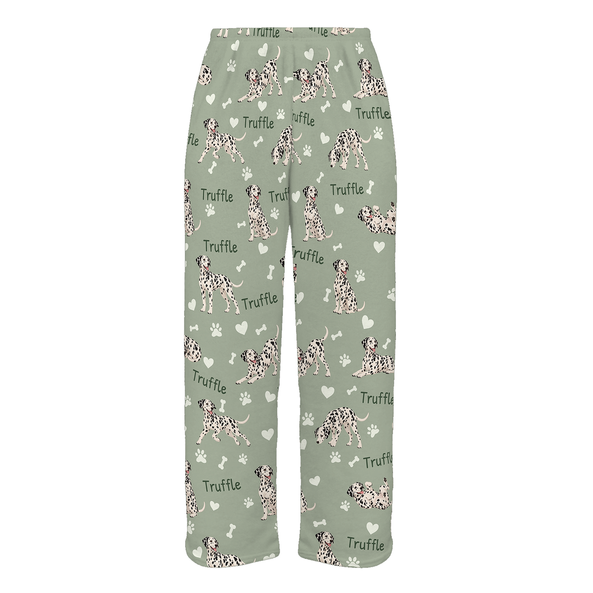Personalized Dalmatian Pajama Pants, Custom Pet Name Fleece Trousers, Dog Lover Gift — 03 Soft Sage — full-trouser view