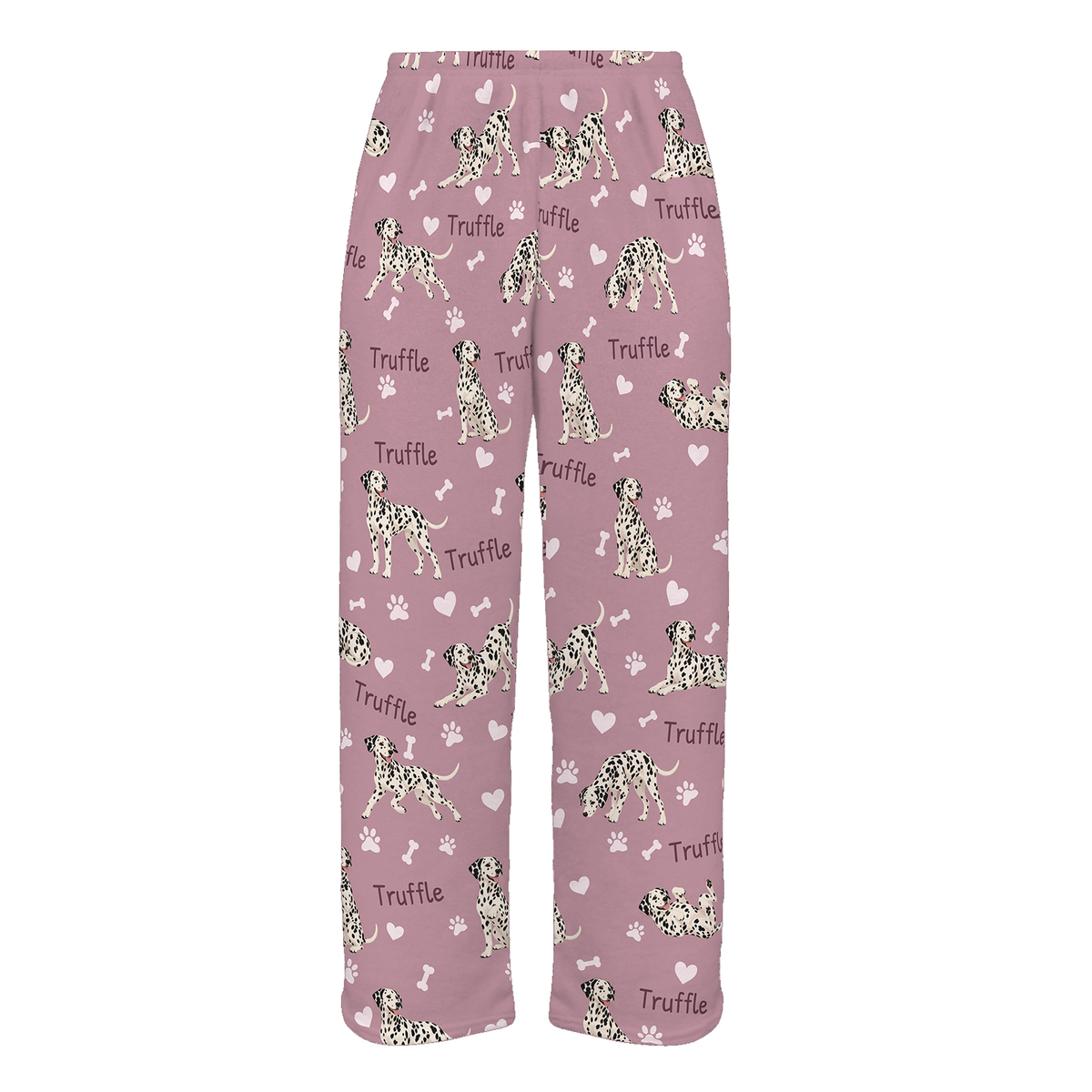 Personalized Dalmatian Pajama Pants, Custom Pet Name Fleece Trousers, Dog Lover Gift — 04 Dusty Rose — full-trouser view