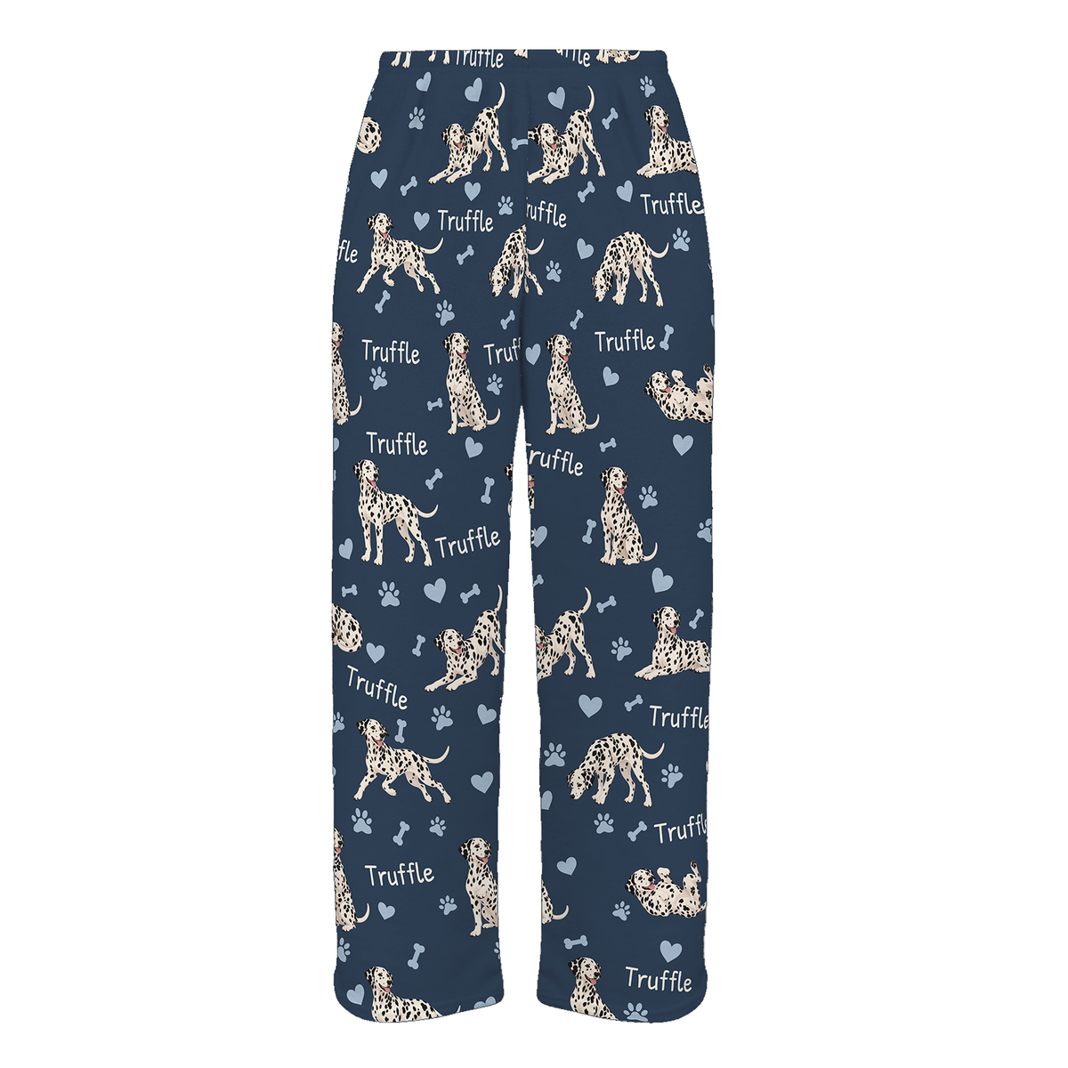 Personalized Dalmatian Pajama Pants, Custom Pet Name Fleece Trousers, Dog Lover Gift — 05 Deep Navy — full-trouser view