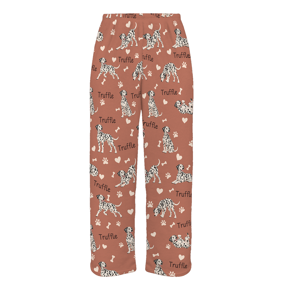 Personalized Dalmatian Pajama Pants, Custom Pet Name Fleece Trousers, Dog Lover Gift — 06 Muted Terracotta — full-trouser view