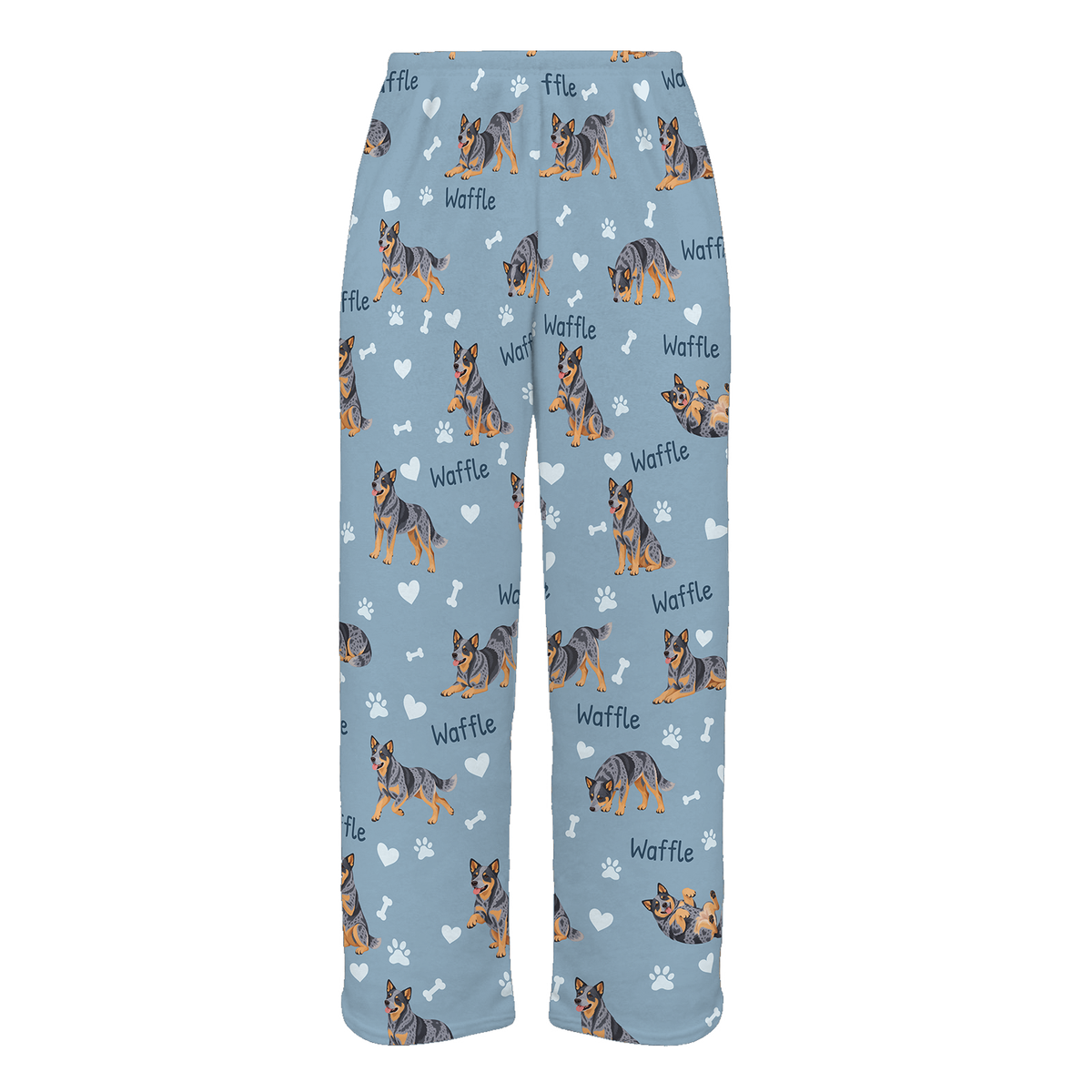 Personalized Australian Cattle Dog Pajama Pants, Custom Pet Name Fleece Trousers, Dog Lover Gift — 02 Dusty Blue — full-trouser view