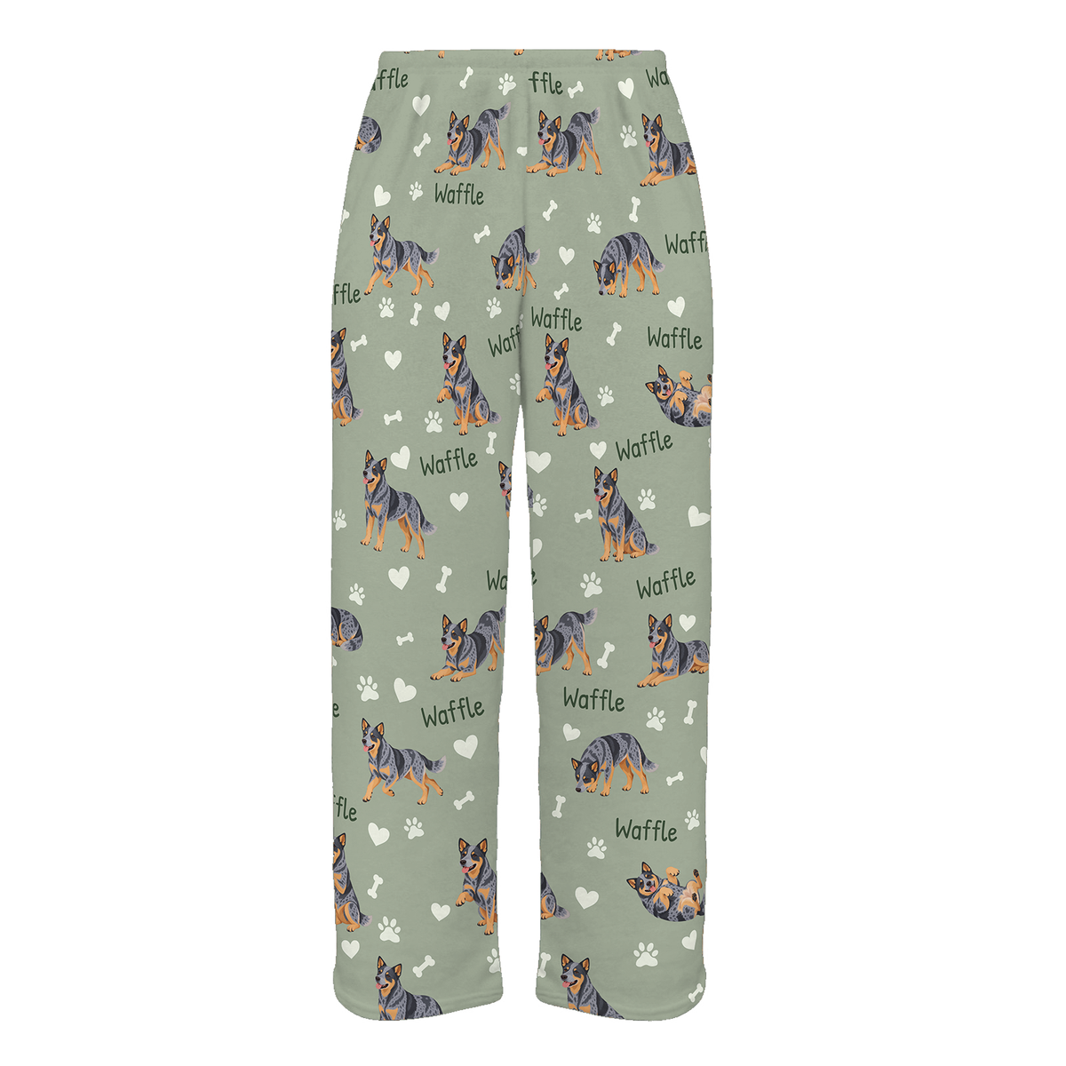 Personalized Australian Cattle Dog Pajama Pants, Custom Pet Name Fleece Trousers, Dog Lover Gift — 03 Soft Sage — full-trouser view