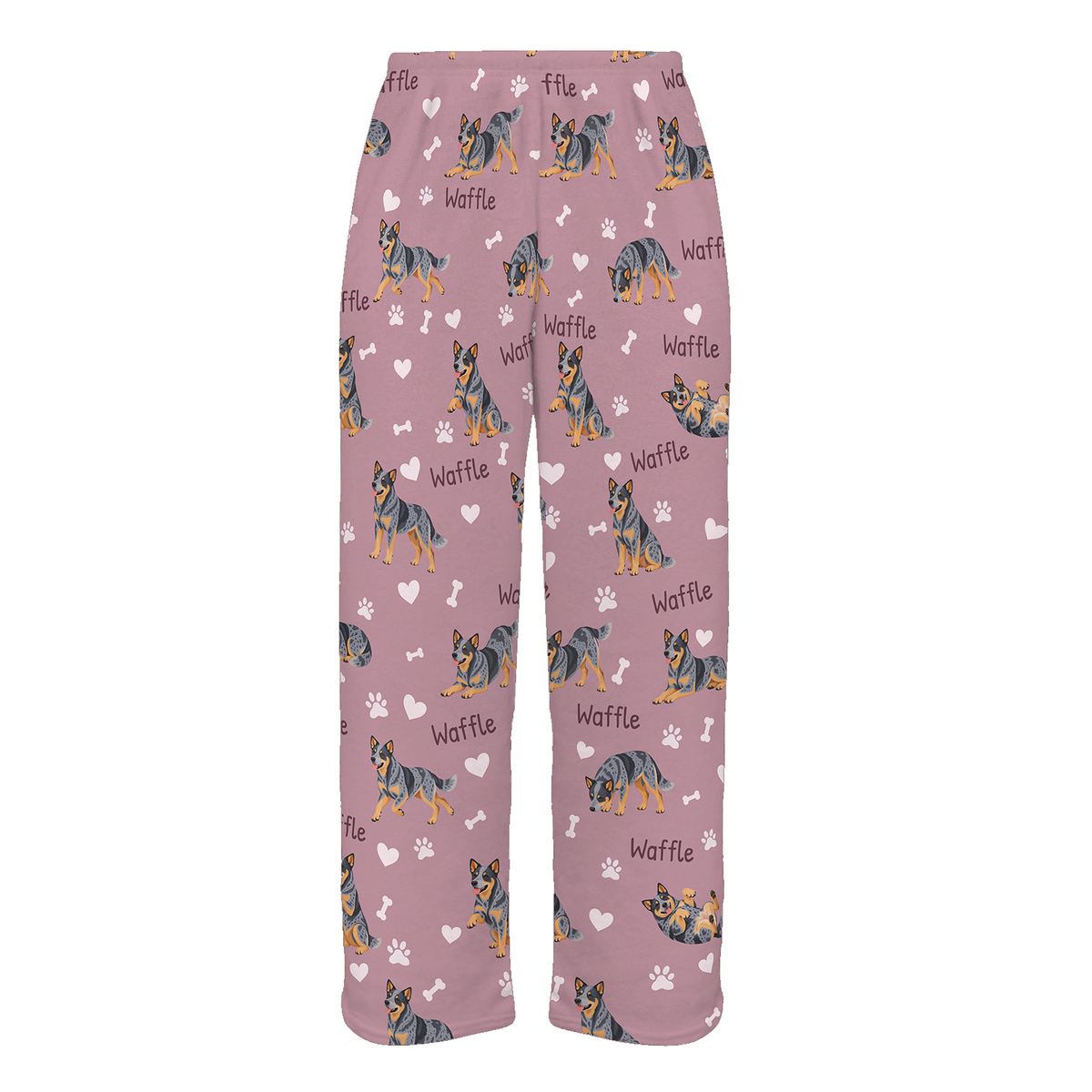 Personalized Australian Cattle Dog Pajama Pants, Custom Pet Name Fleece Trousers, Dog Lover Gift — 04 Dusty Rose — full-trouser view