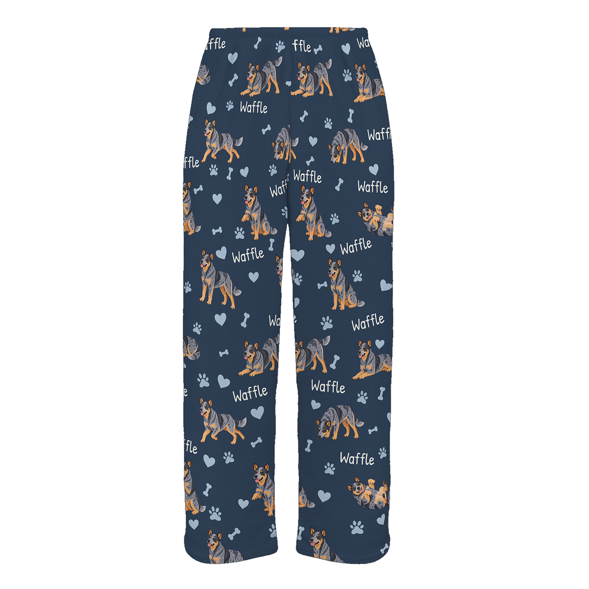 Personalized Australian Cattle Dog Pajama Pants, Custom Pet Name Fleece Trousers, Dog Lover Gift — 05 Deep Navy — full-trouser view