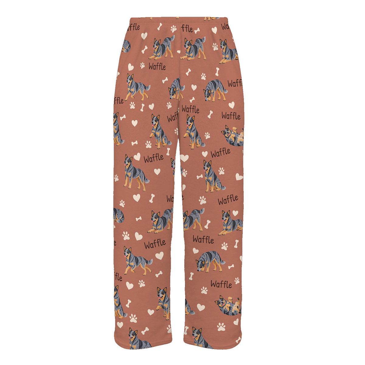 Personalized Australian Cattle Dog Pajama Pants, Custom Pet Name Fleece Trousers, Dog Lover Gift — 06 Muted Terracotta — full-trouser view