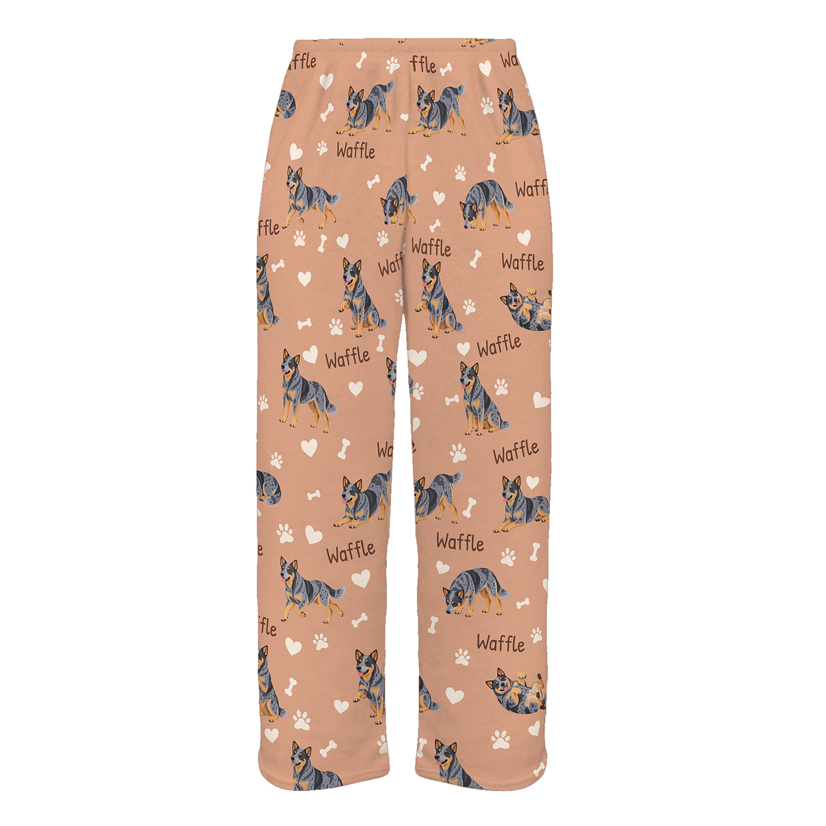 Personalized Australian Cattle Dog Pajama Pants, Custom Pet Name Fleece Trousers, Dog Lover Gift — As shown — full-trouser view