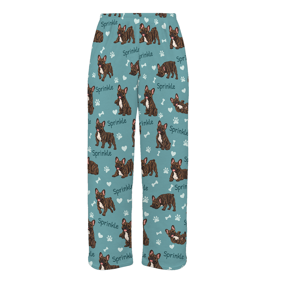 Personalized French Bulldog Brindle Pajama Pants, Custom Pet Name Fleece Trousers, Dog Lover Gift — 01 Muted Teal — full-trouser view