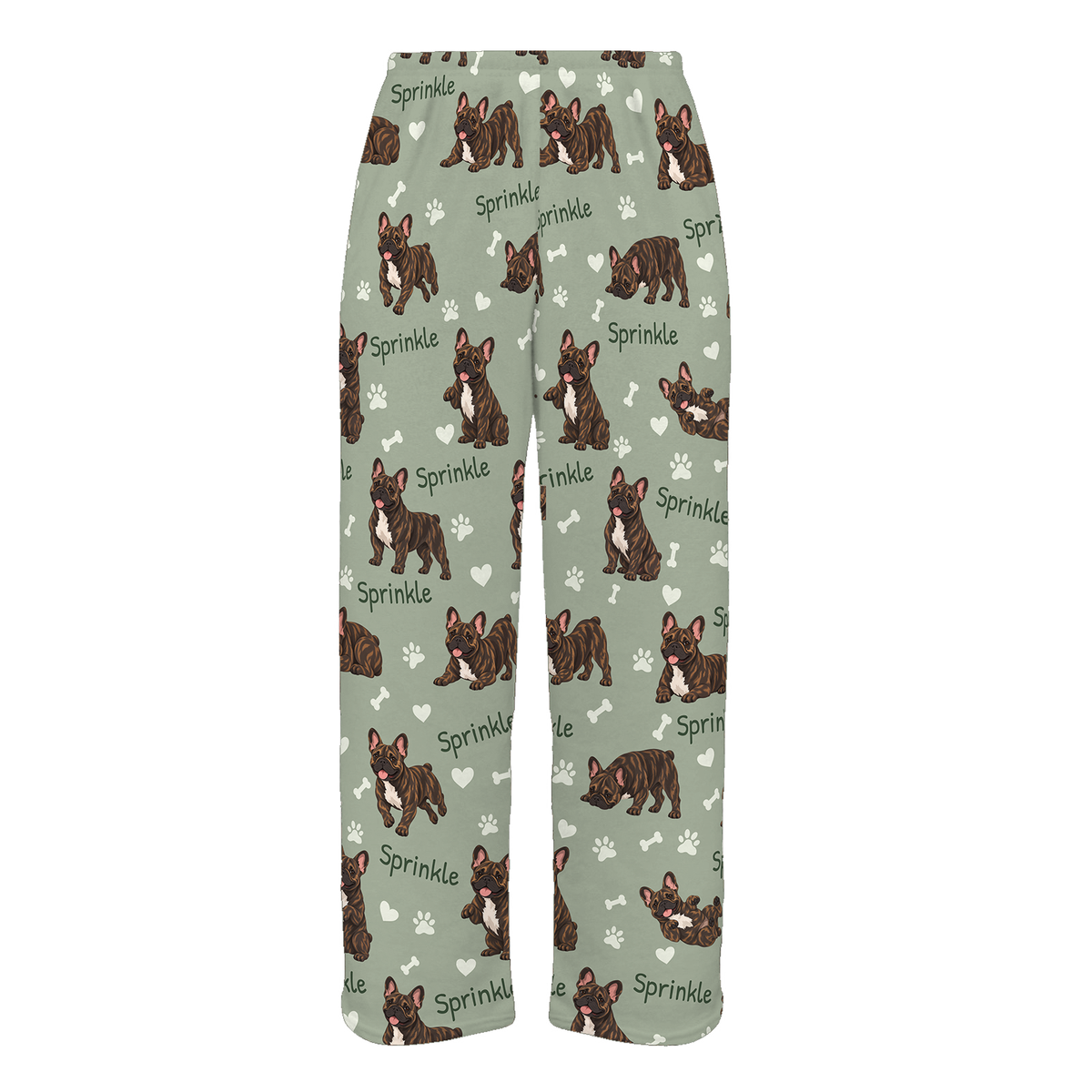 Personalized French Bulldog Brindle Pajama Pants, Custom Pet Name Fleece Trousers, Dog Lover Gift — 03 Soft Sage — full-trouser view