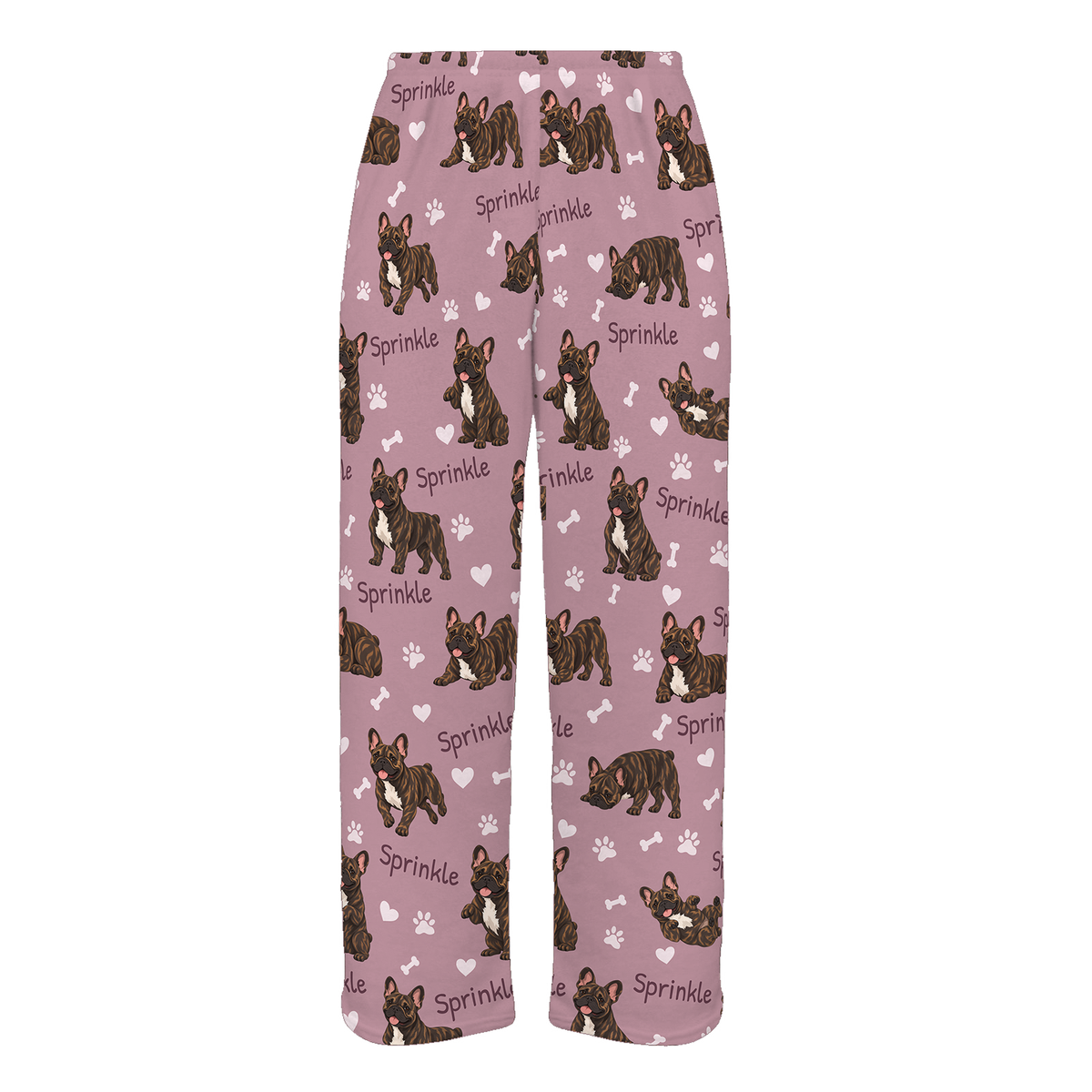 Personalized French Bulldog Brindle Pajama Pants, Custom Pet Name Fleece Trousers, Dog Lover Gift — 04 Dusty Rose — full-trouser view