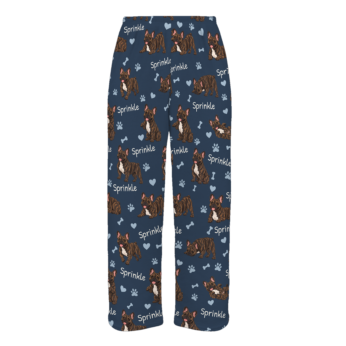 Personalized French Bulldog Brindle Pajama Pants, Custom Pet Name Fleece Trousers, Dog Lover Gift — 05 Deep Navy — full-trouser view