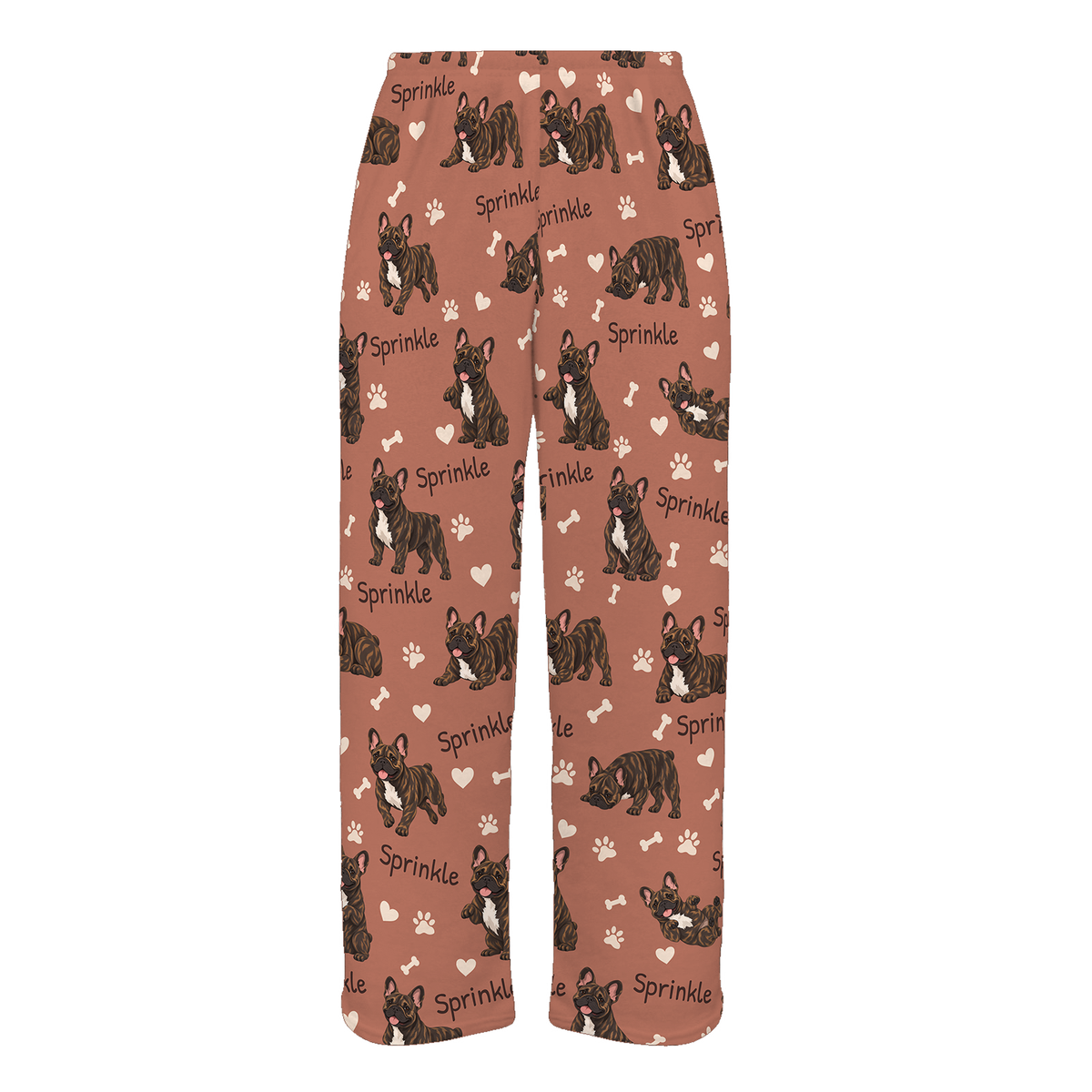 Personalized French Bulldog Brindle Pajama Pants, Custom Pet Name Fleece Trousers, Dog Lover Gift — 06 Muted Terracotta — full-trouser view