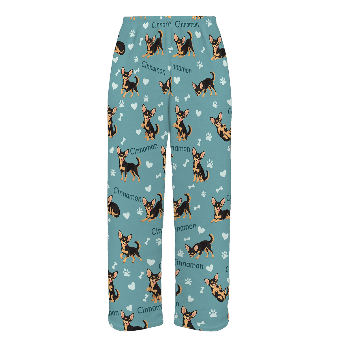 Personalized Chihuahua Black and Tan Pajama Pants, Custom Pet Name Fleece Trousers, Dog Lover Gift — 01 Muted Teal — full-trouser view