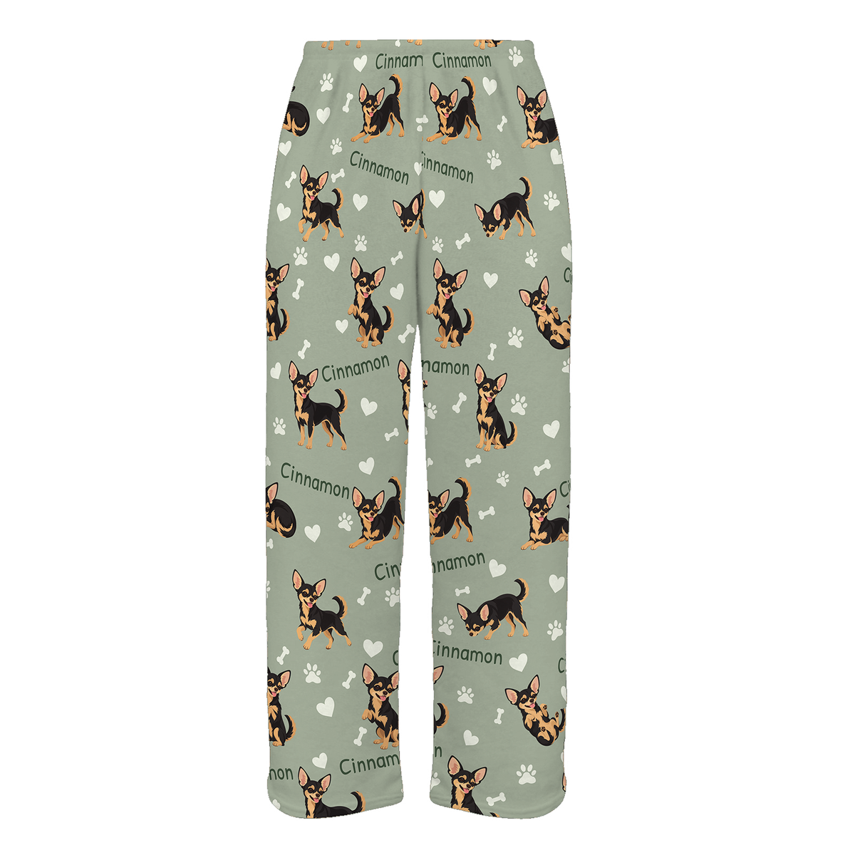 Personalized Chihuahua Black and Tan Pajama Pants, Custom Pet Name Fleece Trousers, Dog Lover Gift — 03 Soft Sage — full-trouser view