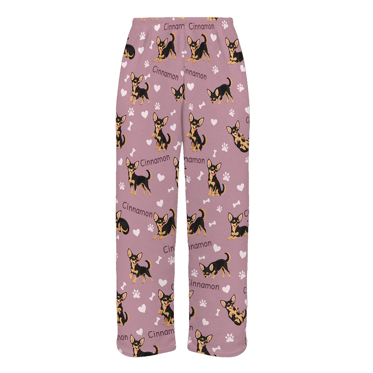 Personalized Chihuahua Black and Tan Pajama Pants, Custom Pet Name Fleece Trousers, Dog Lover Gift — 04 Dusty Rose — full-trouser view