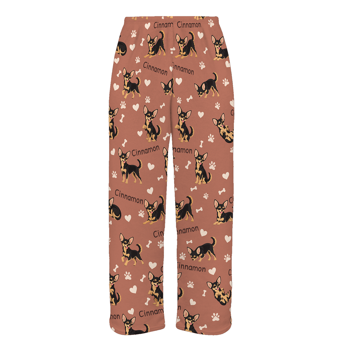 Personalized Chihuahua Black and Tan Pajama Pants, Custom Pet Name Fleece Trousers, Dog Lover Gift — 06 Muted Terracotta — full-trouser view