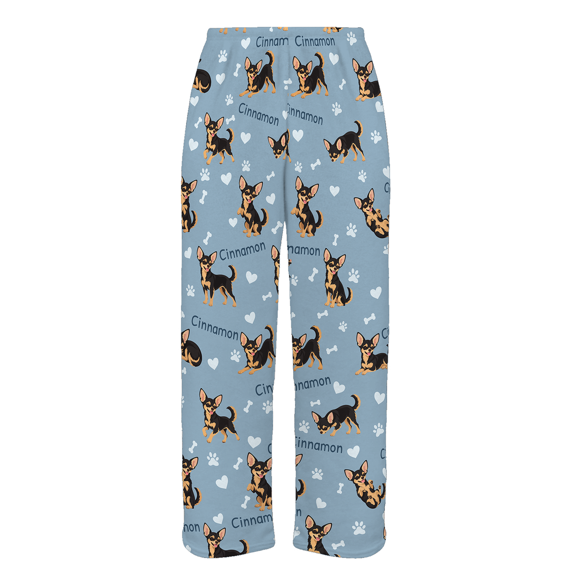 Personalized Chihuahua Black and Tan Pajama Pants, Custom Pet Name Fleece Trousers, Dog Lover Gift — As shown — full-trouser view