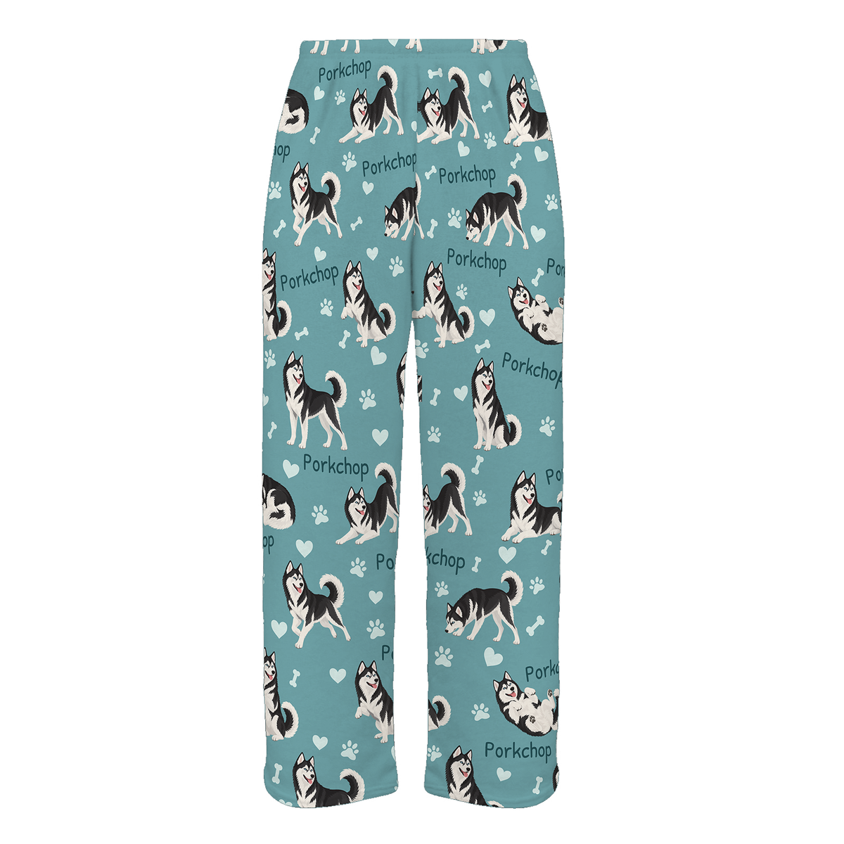 Personalized Siberian Husky Black and White Pajama Pants, Custom Pet Name Fleece Trousers, Dog Lover Gift — 01 Muted Teal — full-trouser view