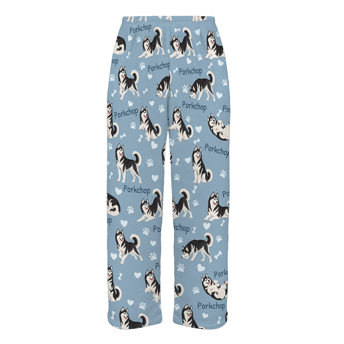 Personalized Siberian Husky Black and White Pajama Pants, Custom Pet Name Fleece Trousers, Dog Lover Gift — 02 Dusty Blue — full-trouser view