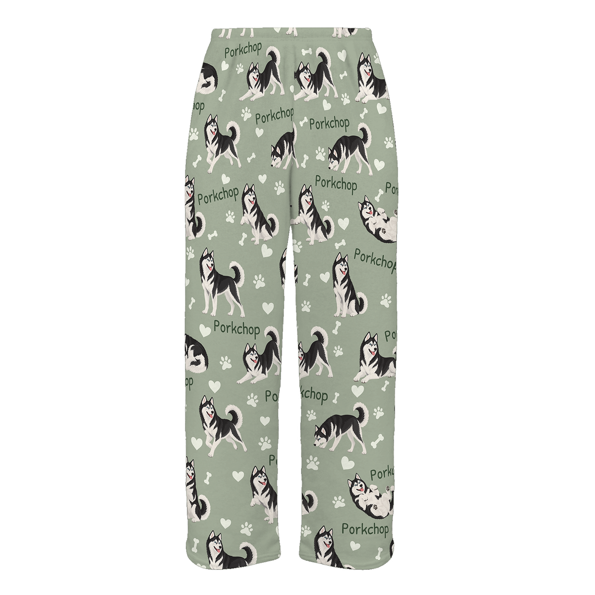Personalized Siberian Husky Black and White Pajama Pants, Custom Pet Name Fleece Trousers, Dog Lover Gift — 03 Soft Sage — full-trouser view