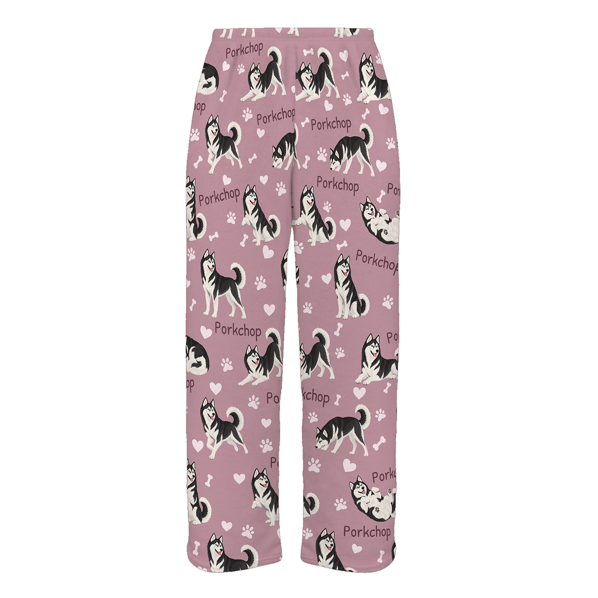 Personalized Siberian Husky Black and White Pajama Pants, Custom Pet Name Fleece Trousers, Dog Lover Gift — 04 Dusty Rose — full-trouser view