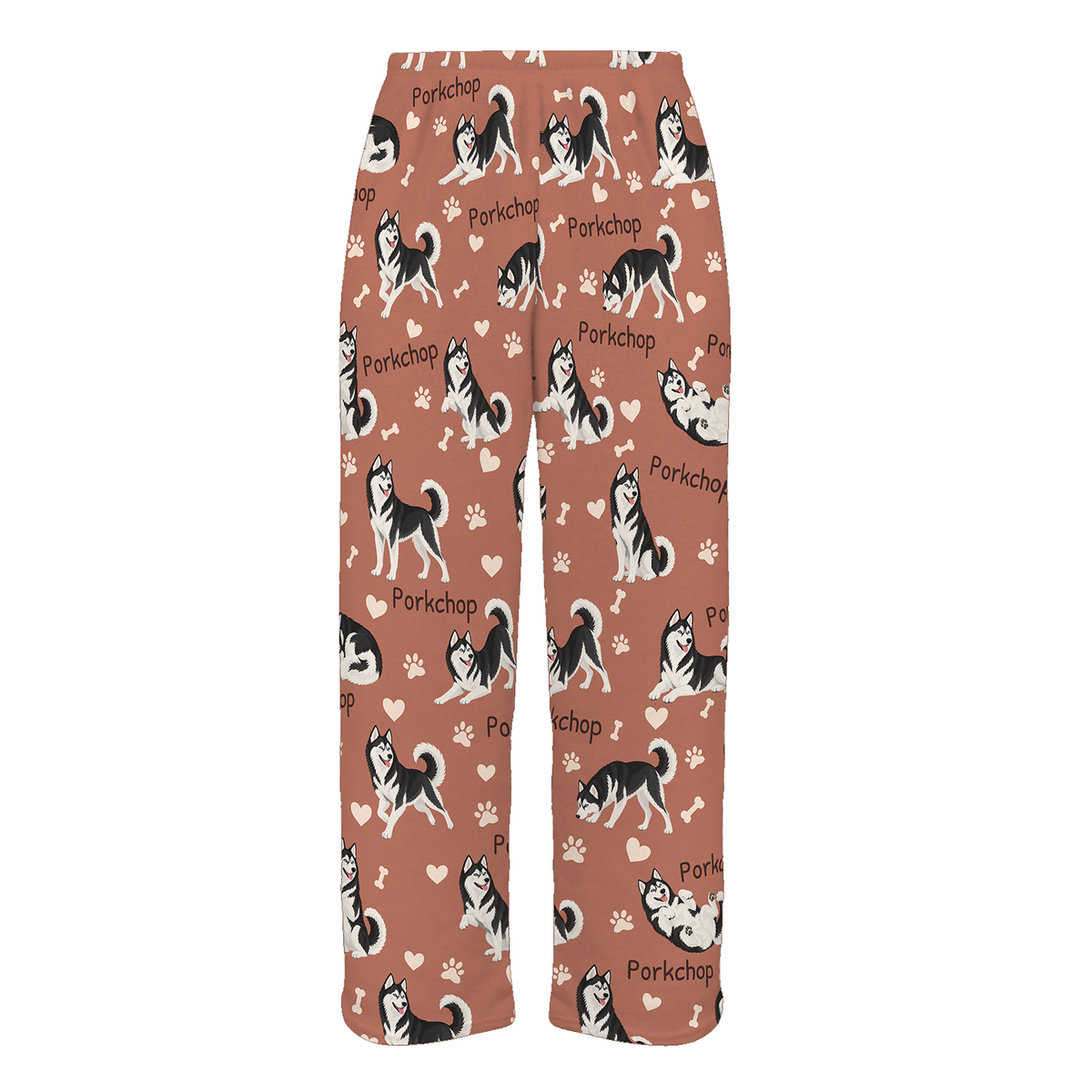 Personalized Siberian Husky Black and White Pajama Pants, Custom Pet Name Fleece Trousers, Dog Lover Gift — 06 Muted Terracotta — full-trouser view