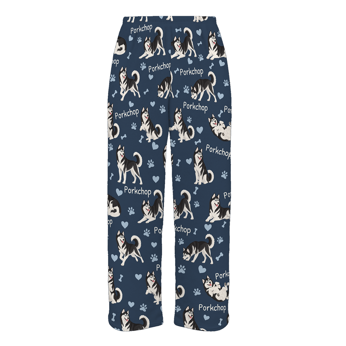 Personalized Siberian Husky Black and White Pajama Pants, Custom Pet Name Fleece Trousers, Dog Lover Gift — As shown — full-trouser view