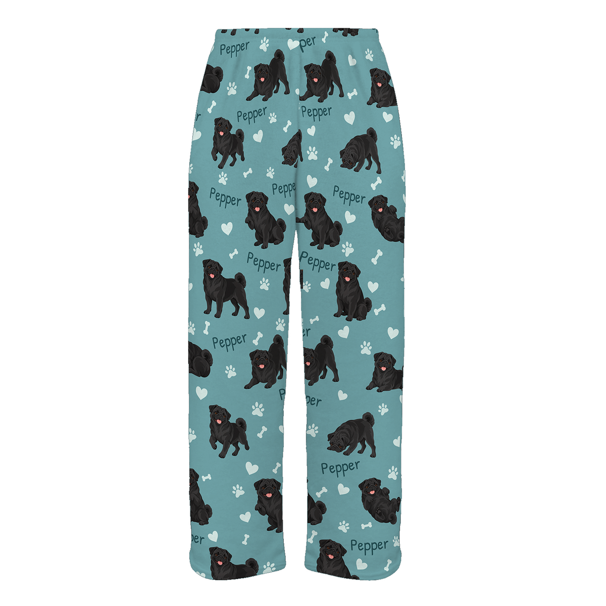 Personalized Pug Black Pajama Pants, Custom Pet Name Fleece Trousers, Dog Lover Gift — 01 Muted Teal — full-trouser view