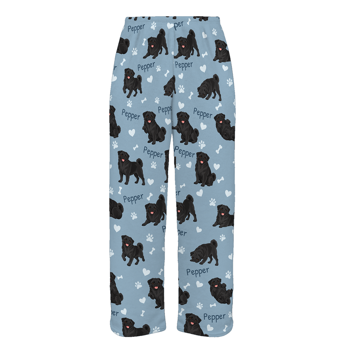 Personalized Pug Black Pajama Pants, Custom Pet Name Fleece Trousers, Dog Lover Gift — 02 Dusty Blue — full-trouser view