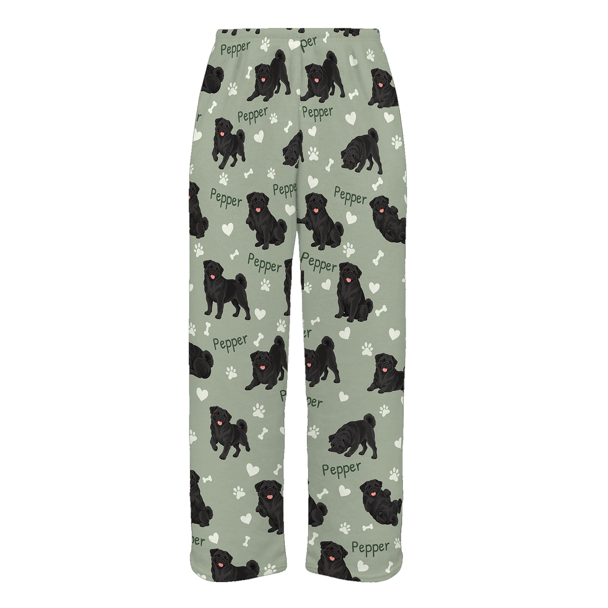 Personalized Pug Black Pajama Pants, Custom Pet Name Fleece Trousers, Dog Lover Gift — 03 Soft Sage — full-trouser view