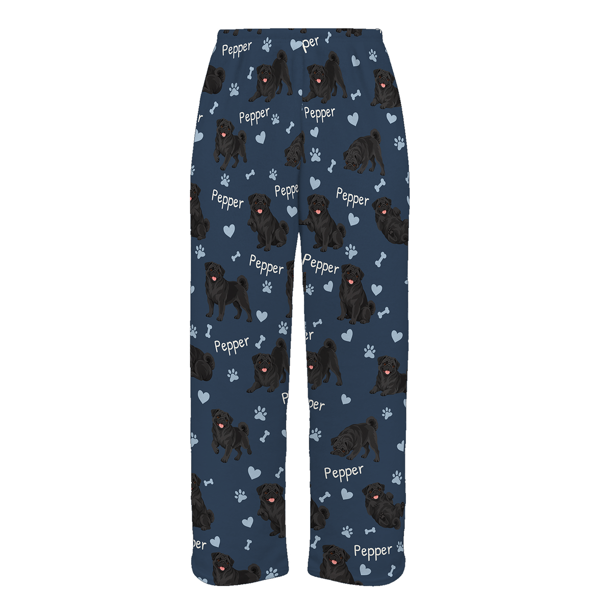 Personalized Pug Black Pajama Pants, Custom Pet Name Fleece Trousers, Dog Lover Gift — 05 Deep Navy — full-trouser view