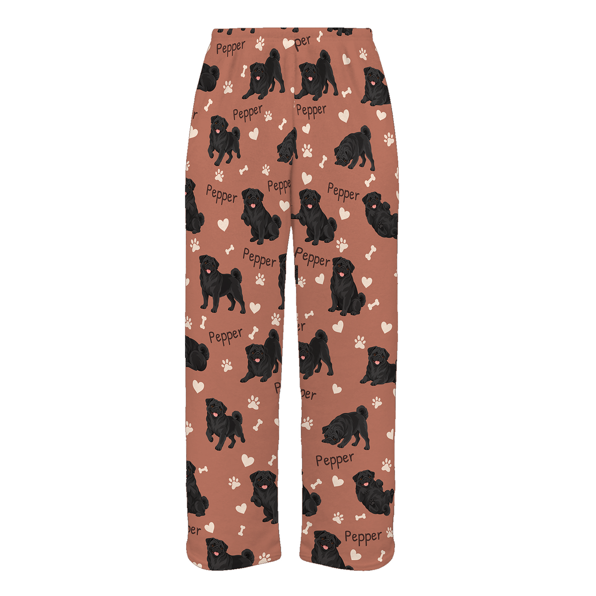 Personalized Pug Black Pajama Pants, Custom Pet Name Fleece Trousers, Dog Lover Gift — 06 Muted Terracotta — full-trouser view