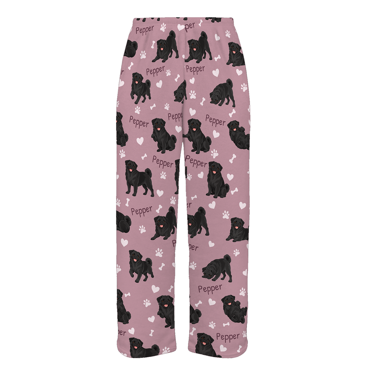 Personalized Pug Black Pajama Pants, Custom Pet Name Fleece Trousers, Dog Lover Gift — As shown — full-trouser view