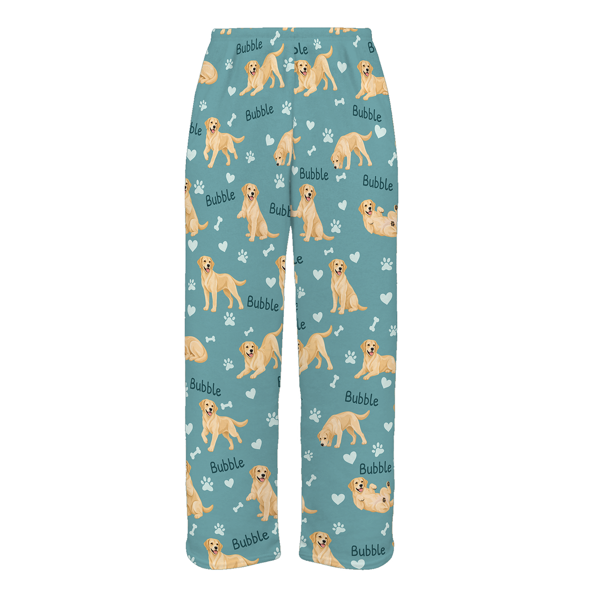 Personalized Labrador Retriever Yellow Pajama Pants, Custom Pet Name Fleece Trousers, Dog Lover Gift — 01 Muted Teal — full-trouser view