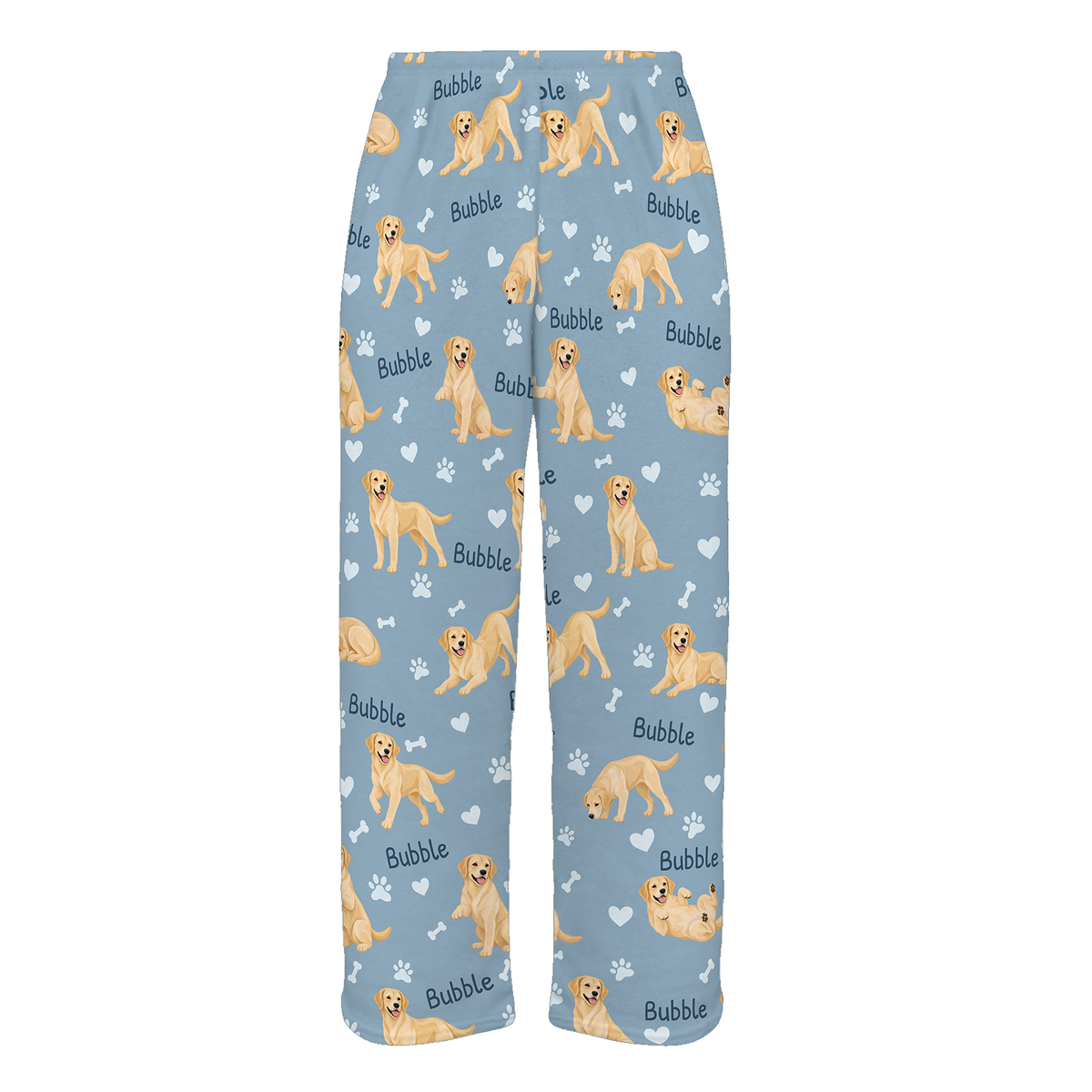 Personalized Labrador Retriever Yellow Pajama Pants, Custom Pet Name Fleece Trousers, Dog Lover Gift — 02 Dusty Blue — full-trouser view