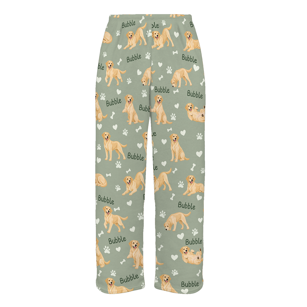 Personalized Labrador Retriever Yellow Pajama Pants, Custom Pet Name Fleece Trousers, Dog Lover Gift — 03 Soft Sage — full-trouser view