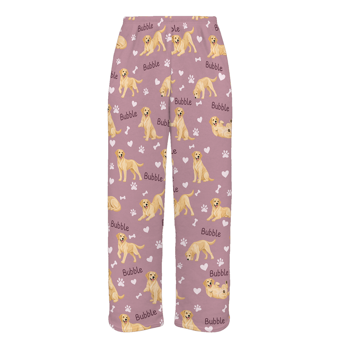 Personalized Labrador Retriever Yellow Pajama Pants, Custom Pet Name Fleece Trousers, Dog Lover Gift — 04 Dusty Rose — full-trouser view