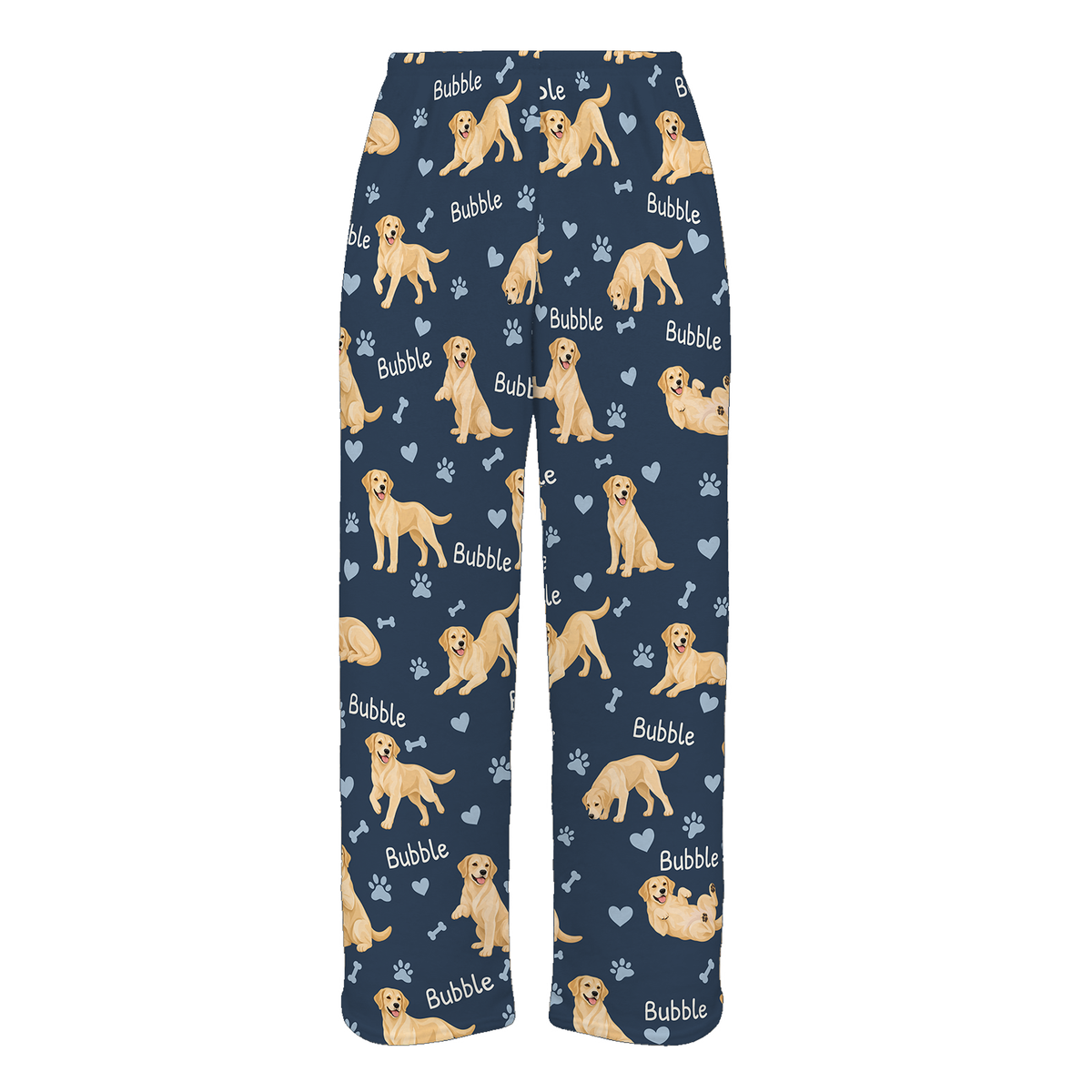 Personalized Labrador Retriever Yellow Pajama Pants, Custom Pet Name Fleece Trousers, Dog Lover Gift — 05 Deep Navy — full-trouser view