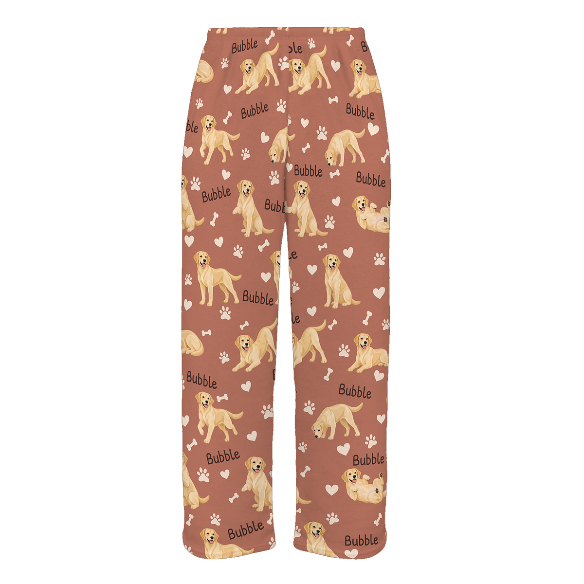 Personalized Labrador Retriever Yellow Pajama Pants, Custom Pet Name Fleece Trousers, Dog Lover Gift — As shown — full-trouser view