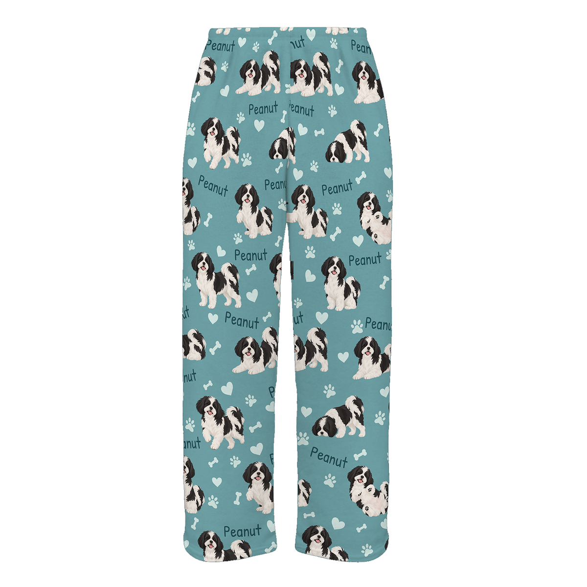 Personalized Shih Tzu Black and White Pajama Pants, Custom Pet Name Fleece Trousers, Dog Lover Gift — 01 Muted Teal — full-trouser view