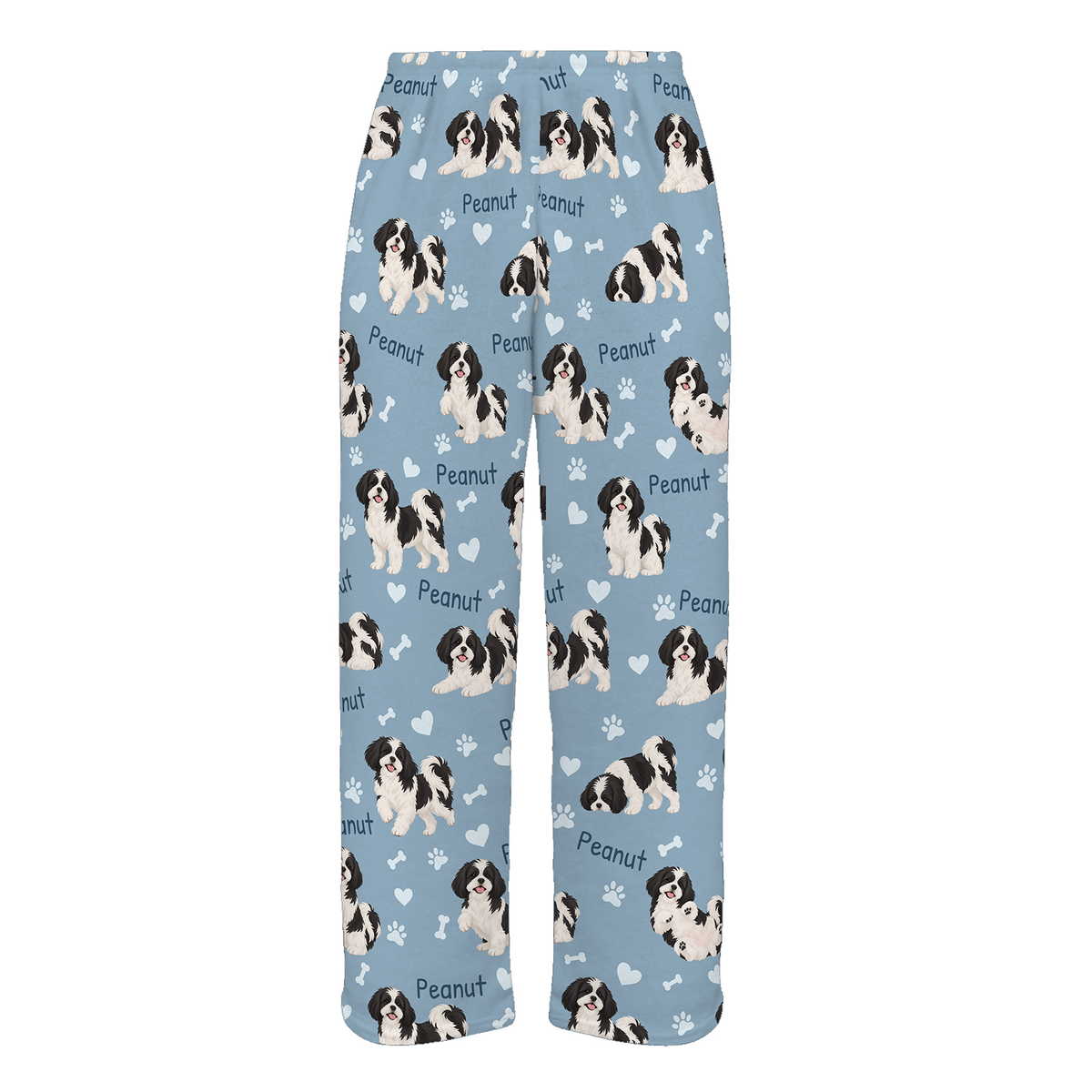 Personalized Shih Tzu Black and White Pajama Pants, Custom Pet Name Fleece Trousers, Dog Lover Gift — 02 Dusty Blue — full-trouser view