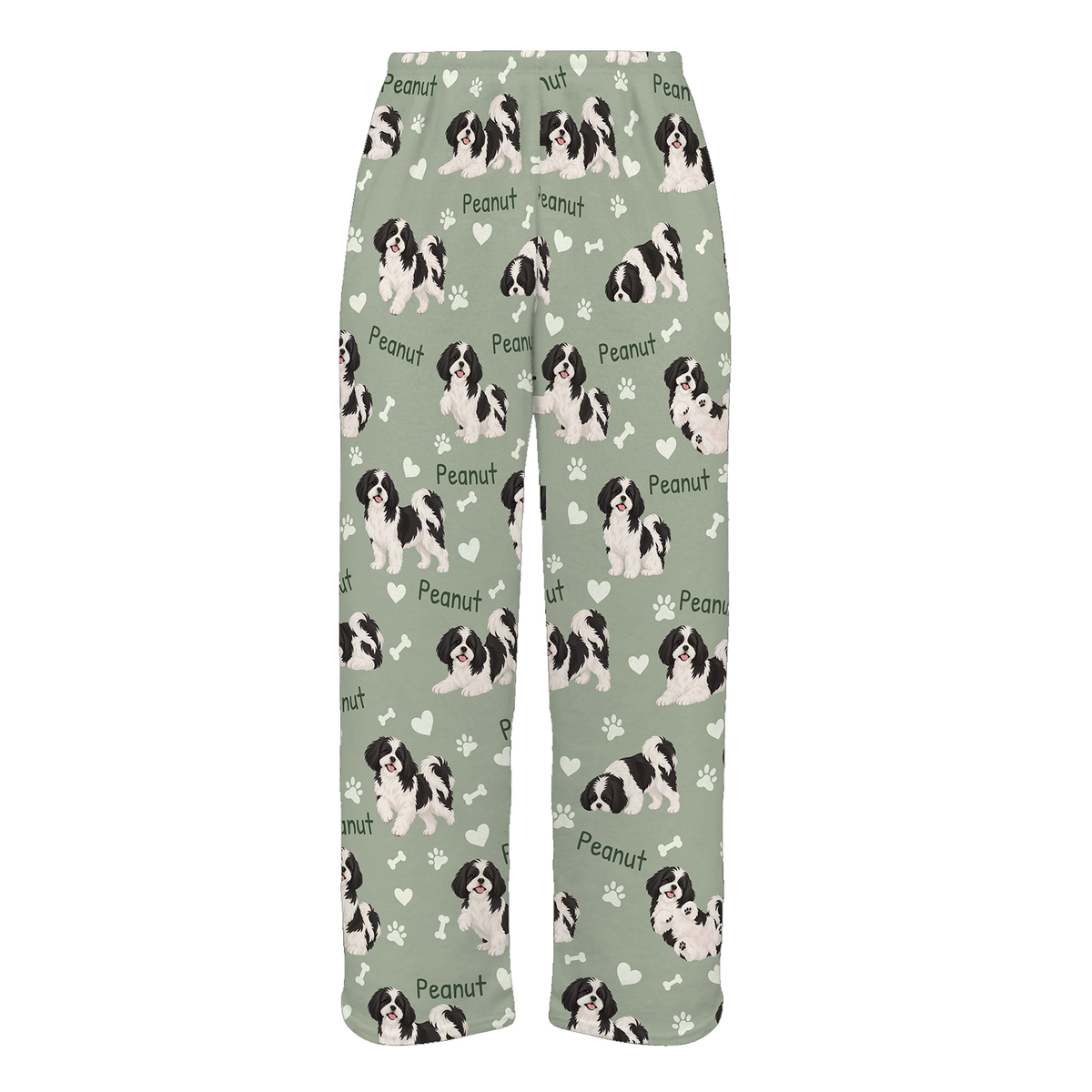 Personalized Shih Tzu Black and White Pajama Pants, Custom Pet Name Fleece Trousers, Dog Lover Gift — 03 Soft Sage — full-trouser view